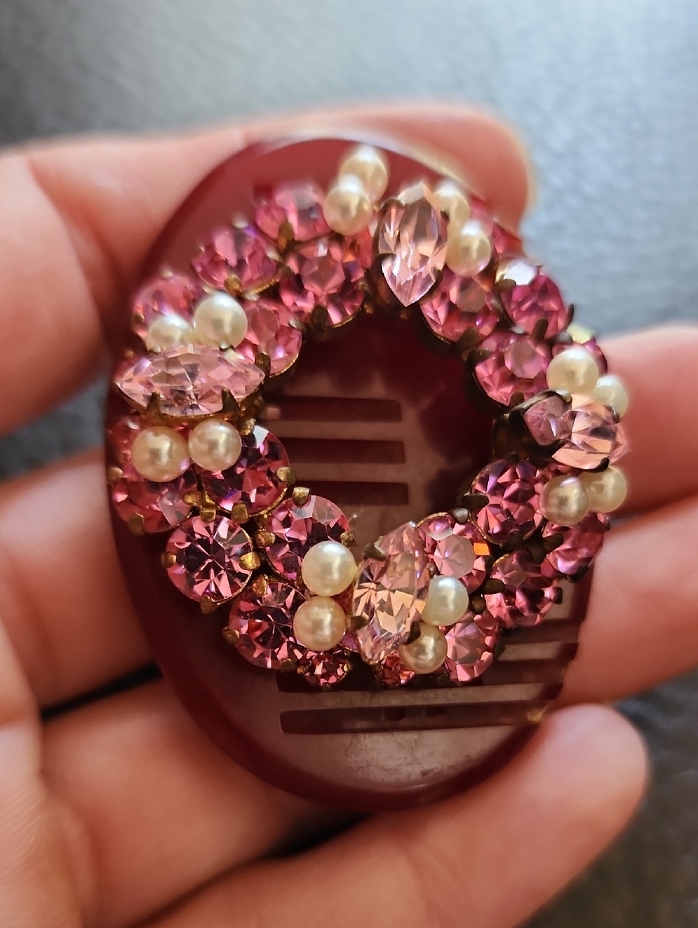VTG Pink Crystal & Pearl Brooch